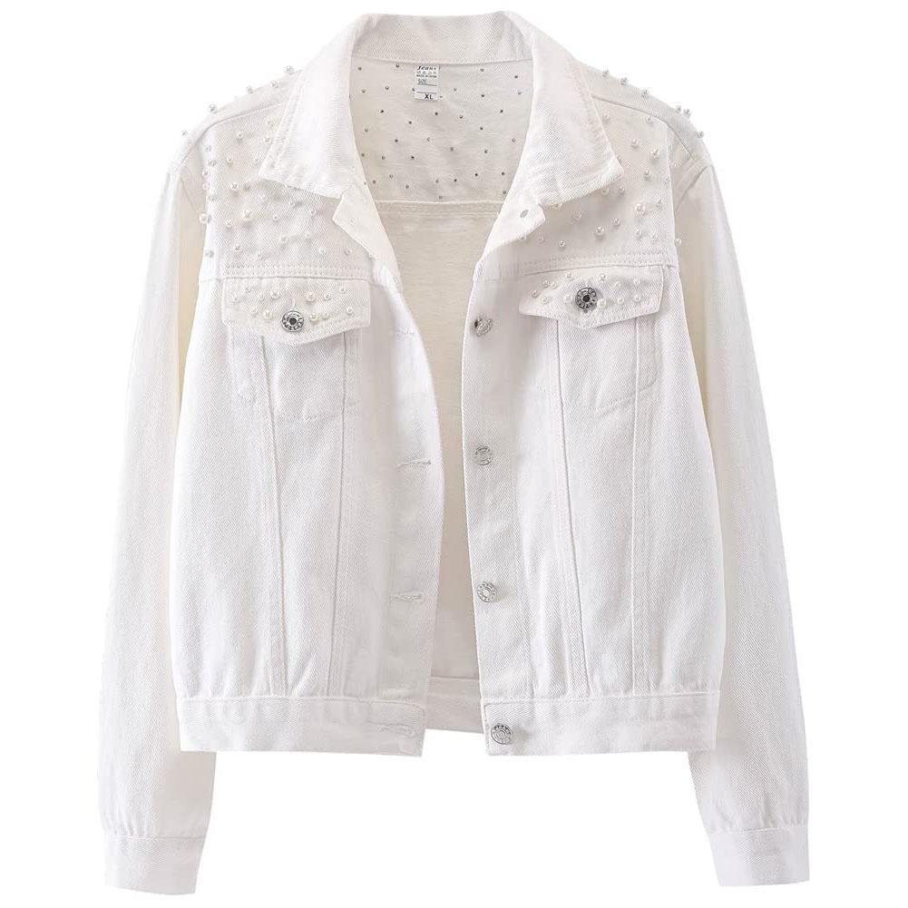 Women's Short Denim Jacket Beaded Pearl Jacket Loose Spring and Autumn Denim Jacket