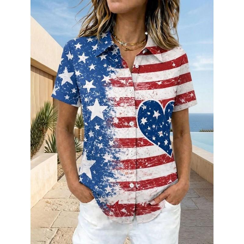 Womens Loose Fit Short Sleeve Printed Shirt Casual Vacation Style Collared Open Front Top
