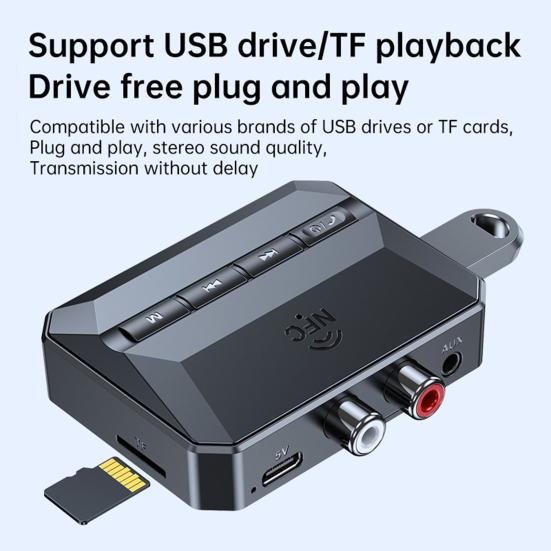 Bluetooth-compatible 5.3 Adapter Receiver NFC-Enabled 3.5mm AUX RCA Input USB Drive TF Card Outputs Home Stereos Smartphones Tablets Wireless