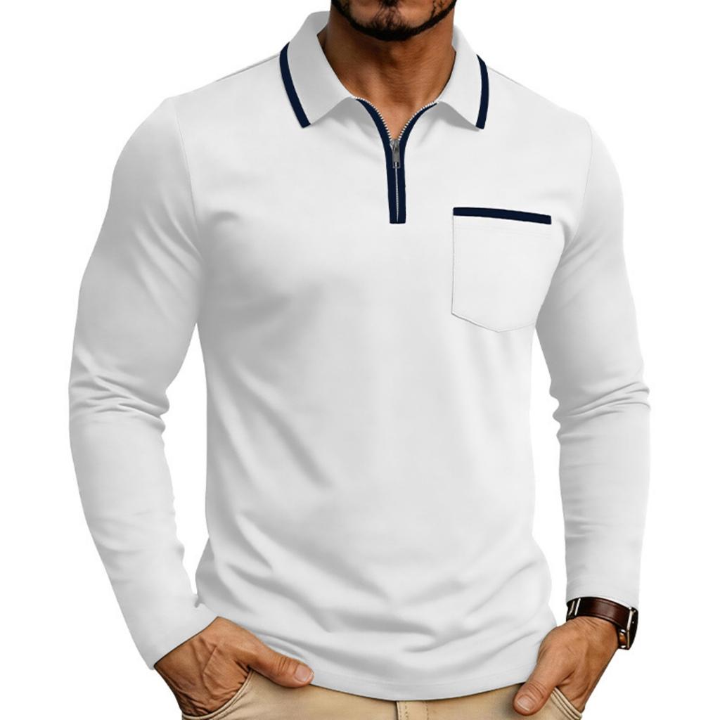 Men Long Sleeve Polo Shirt Zipper Collar Casual Slim Fit Top with Patch Pocket and Contrast Trim for Daily Wear