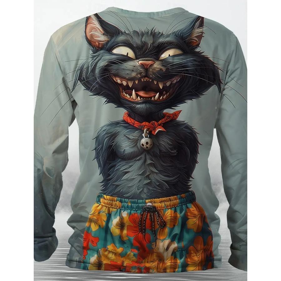 Padrão de gatinho de Halloween impresso em 3D, camiseta masculina de outono com gola redonda, manga comprida casual, pulôver grande, moda tops