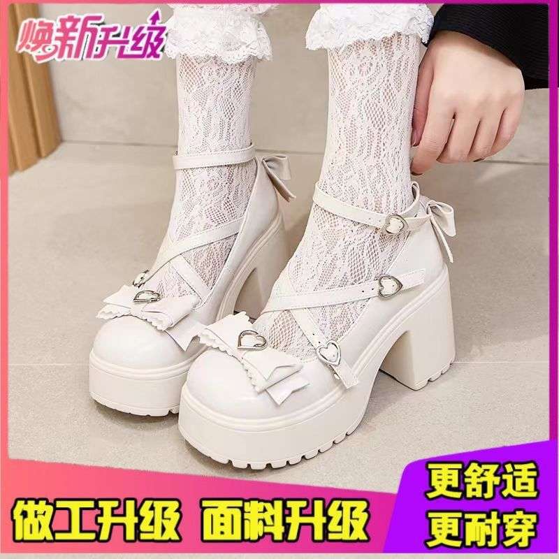Mary Jane shoes women's autumn new thick heel lolita high heels bow small leather shoes platform heightening single shoes