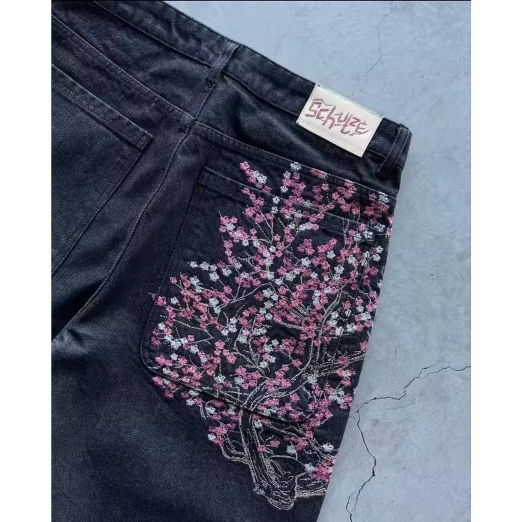 RogueWave Hip Hop Cartoon Pattern Pocket Embroidery Denim Shorts Y2k Retro Baggy Dark Blue Jeans Short Men Women Street Skateboard Jorts