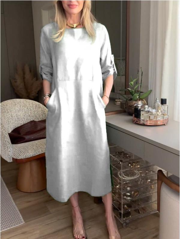 2024 Women's Cotton Linen Casual Dress with Double Pockets - Round Neck, Solid Color