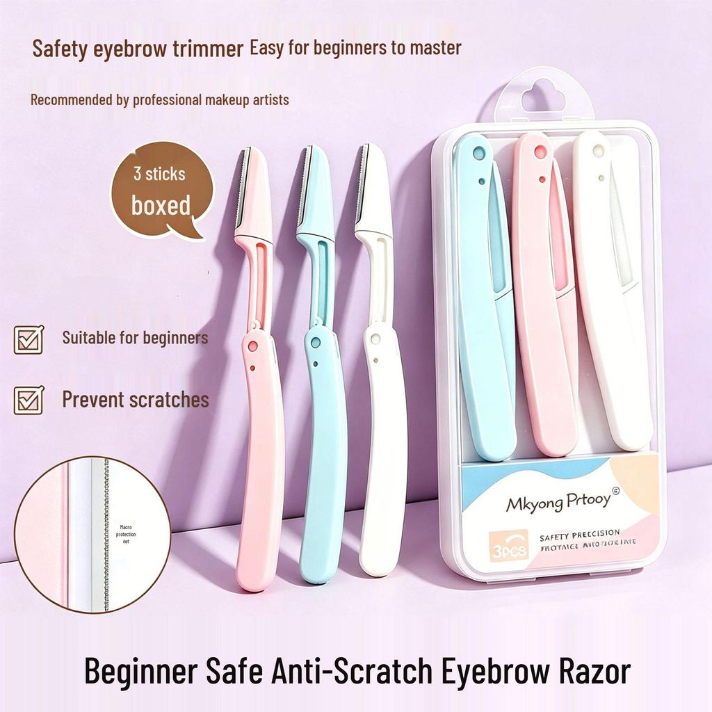 Three-Color Folding Anti-Scratch Eyebrow Razor with Safety Trimmer Blade