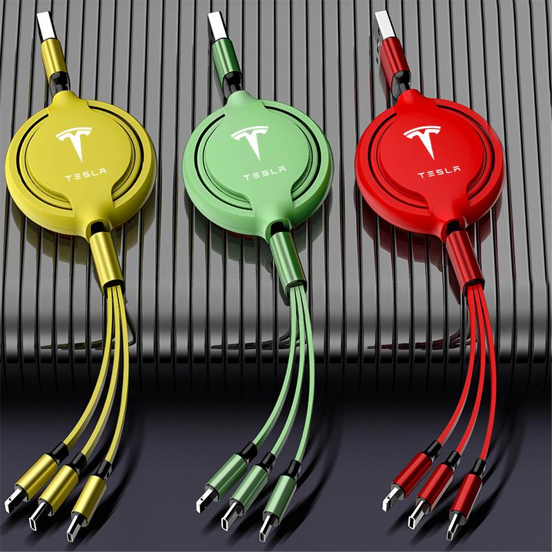 1Pcs Car Mounted Telescopic Three In One Mobile Phone Charger For Tesla Model 3 Model X S 2016-2023 Model Y Decals TM3 TMX