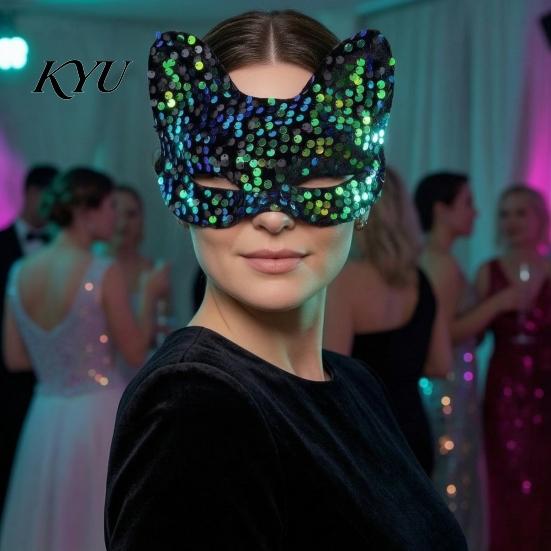 Stylish Costume Masque for Events Cat Masquerade Masque, Sparkly Sequins/Velvet/Black Half Face Comfortable Plastic Adults Women Men Halloween