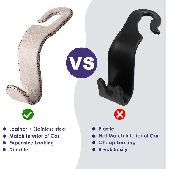 Leather Car Hooks For Headrest - Fully Leather-Wrapped U-Shaped Purse Holder For Car, Flexible Seat Back Organizer & Durable Car Accessories For