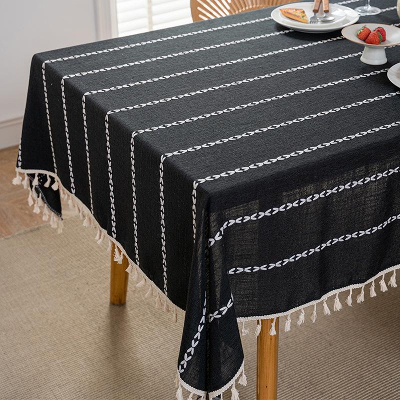 Japanese Embroidery Stripe Lace Tablecloth Linen Cotton Fringe Edge Cover Plain 90*90cm