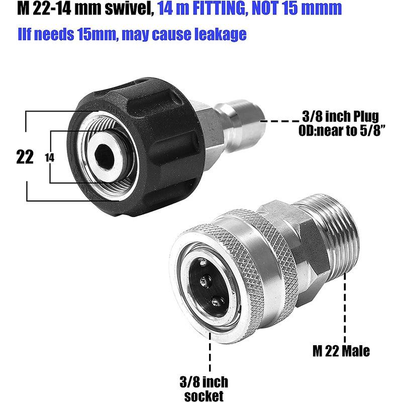 Stainless Steel High-Pressure Washer Quick Disconnect Kit, M22-14 & 3/8" Connectors, Explosion-Proof