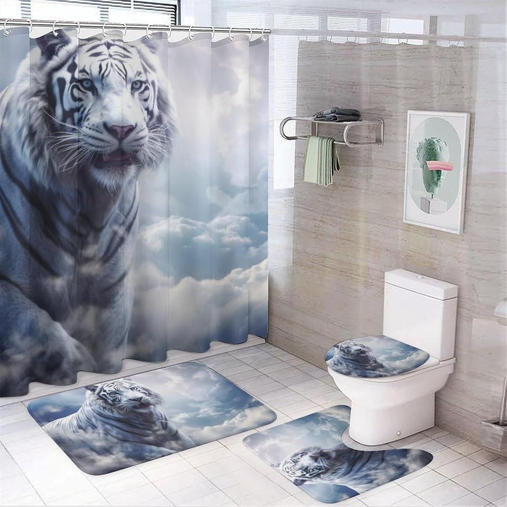 Moon White Tiger Shower Curtain Sets With Rugs Toilet Lid Cover And Bath Mat Fantasy Wild Animals Forest Shower Curtains With 12