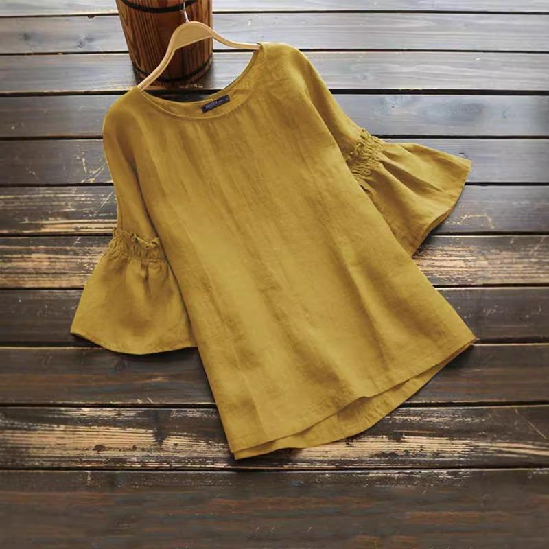 Damen Sommer Bluse Kurzarm Unifarben Rundhals Rüschenärmel Hemd