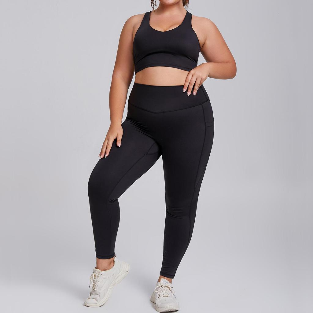Tuta da Yoga di Alta Gamma Taglie Forti: Abbigliamento sportivo europeo e americano nudo a due pezzi con tasca.