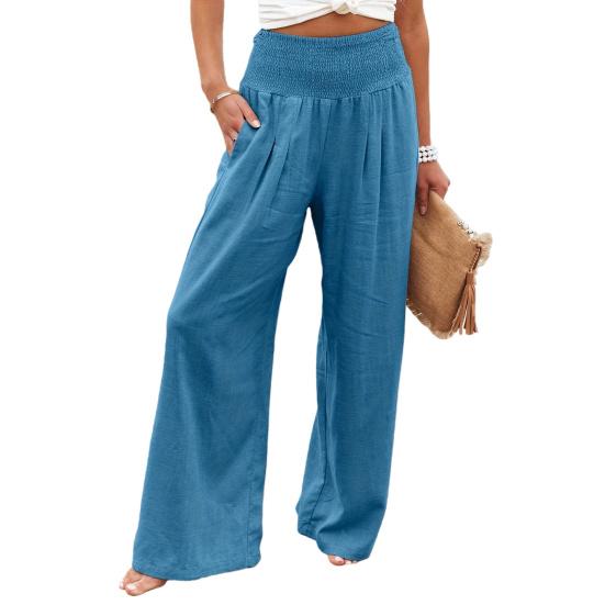 

Women Pants Pleated Elastic High Waist Wide Leg Trousers with Pockets Pure Color Loose Fit Spring Casual Long Pants XL синій