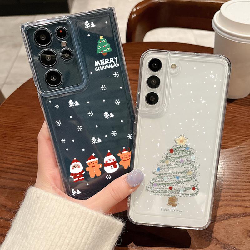 Merry Christmas Elk Santa Tree Pattern Clear Case For Samsung S24 Ultra S23 FE A55 A54 A34 A35 A52 Soft Silicone Shockproof Transparent Phone Cover