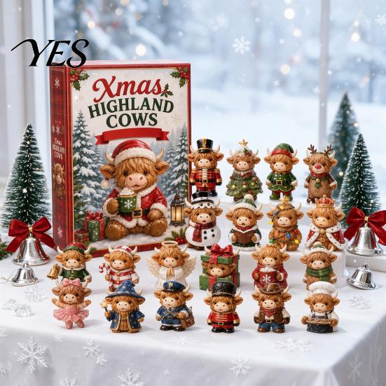 Creative Holiday Gifts 24 Days 3D Highland Cow Advent Calendar 2026, Christmas Countdown Cute Desk Figurines with Farm Cattle Mini for Ornaments