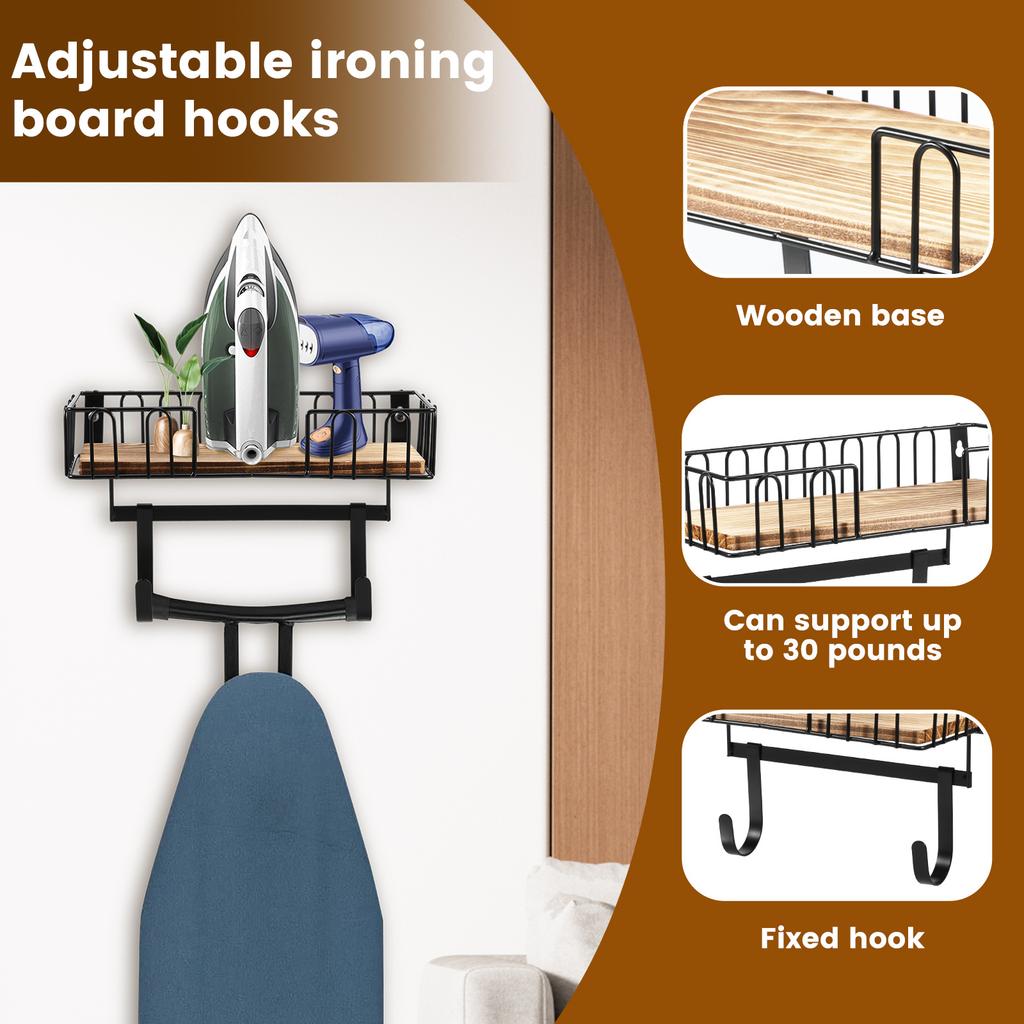 Ironing Board Hanger Wall Mount Ironing and Iron Board Hanger with Wood Storage Base Hooks Multifunctional Storage Holder Home