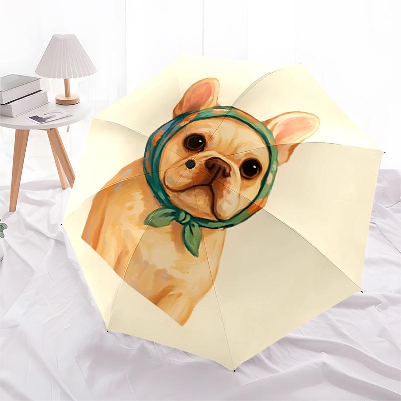 1pc French Bulldog, Bandana Automatic Open/Close Umbrella with One-Touch Button, Compact Folding Canopy, Sturdy 8-Rib Windproof Design S09
