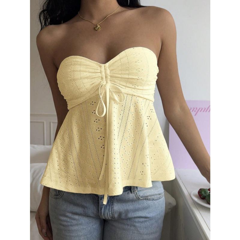 2026 Summer Hollow Out Women Tube Top New Sweet Lace-up Strapless Blouse Slim Fit Loose Sleeveless Top Solid Color Simple A-line Backless Sexy Shirts