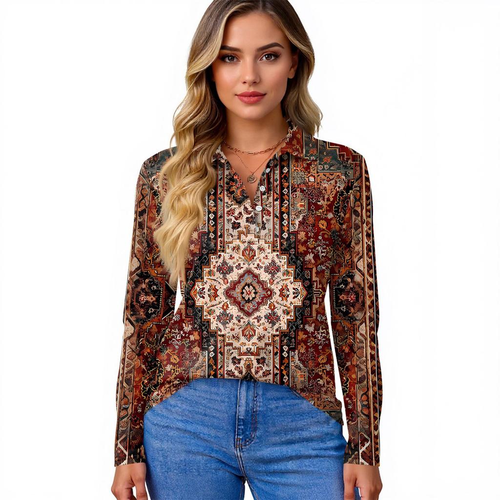 Women's Fashion Casual Lapel Short Long Sleeve Print Shirt Women's Button Up Tops