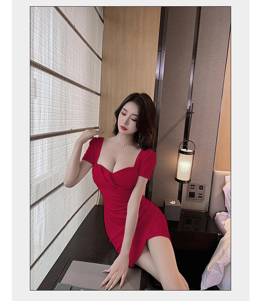 Sexy Mini Bust Cabaret Short Beautiful Bodycon Dress Wine [SDSXZWG] Dress, Body-Shaping, Tight, Sleeves, Neckline, (S, Red)