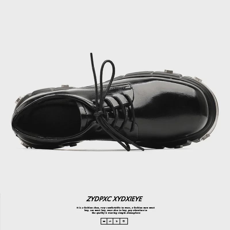Men's High-End Matte Black Punk Derby Leather Shoes with Thick Soles and Round Toes