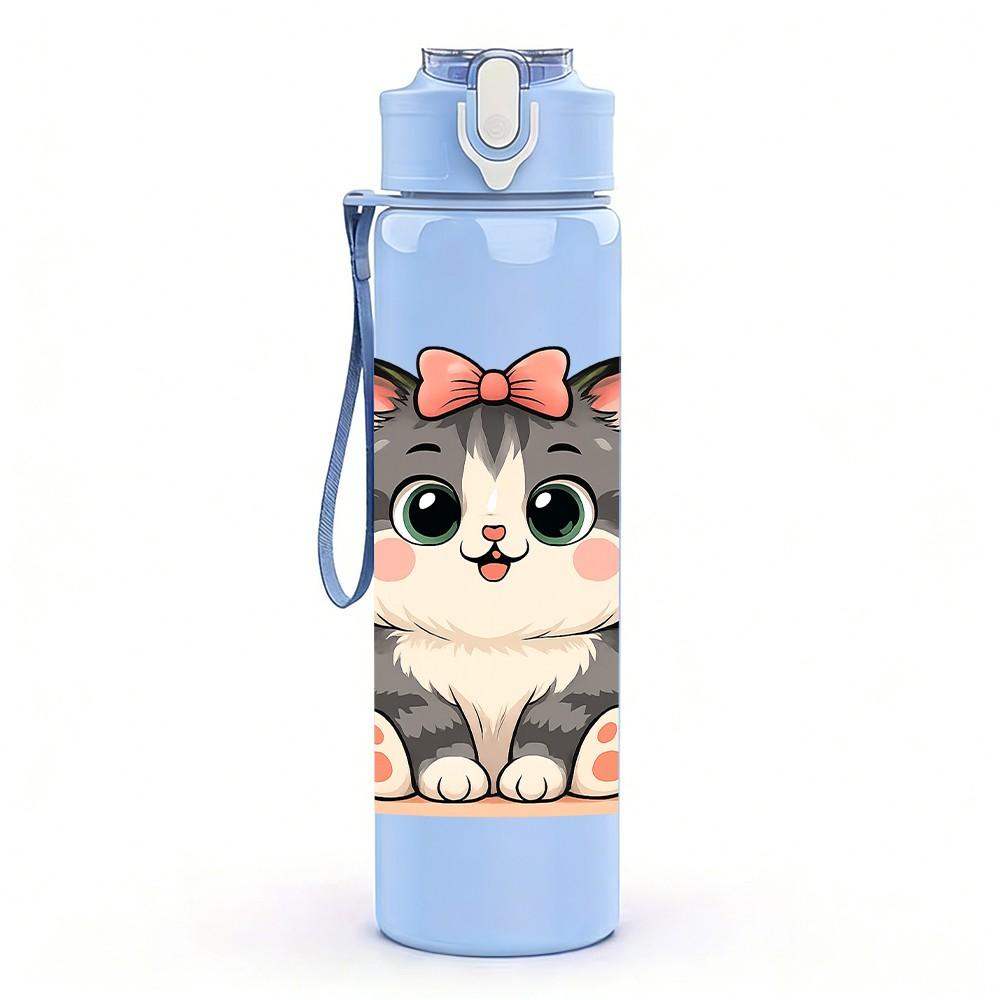 1PC Grey Kitten With Bow 750ml Color Plastic Sports Water Bottle Leakproof Flip Straw Lid Suitable for Sports Office Home Use