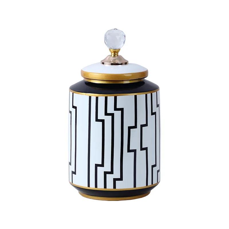 Modern Home Storage Tank with Cover Storage Container Desktop Storage Black and White Geometry Ceramic Jar Food Container