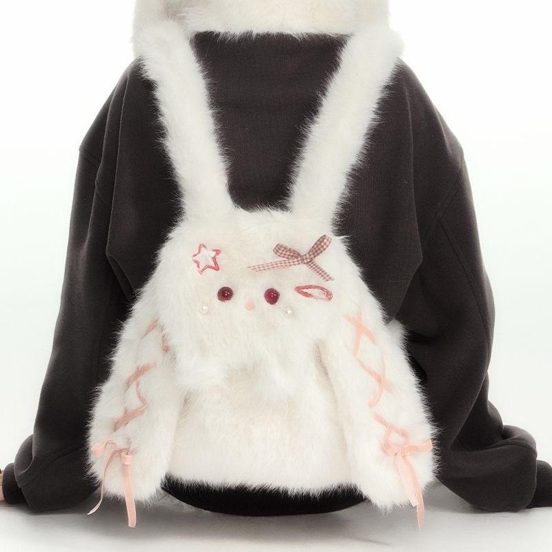 Bunny Eared Long Small Pearl Drawstring Tie Cartoon Plush Doll Backpack For Girl
