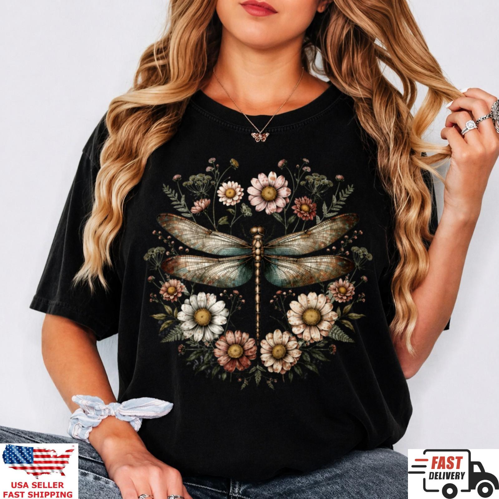 Dragonfly Floral Shirt Boho Vintage Nature Aesthetic Graphic Tee XL
