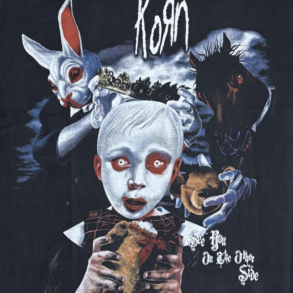 VTG KORN Band Anni '90 Ci Vediamo Dall'Altra Parte Taglia L Maglietta a Punto Singolo Uomo Donna Top STAMPA RIPRODOTTA