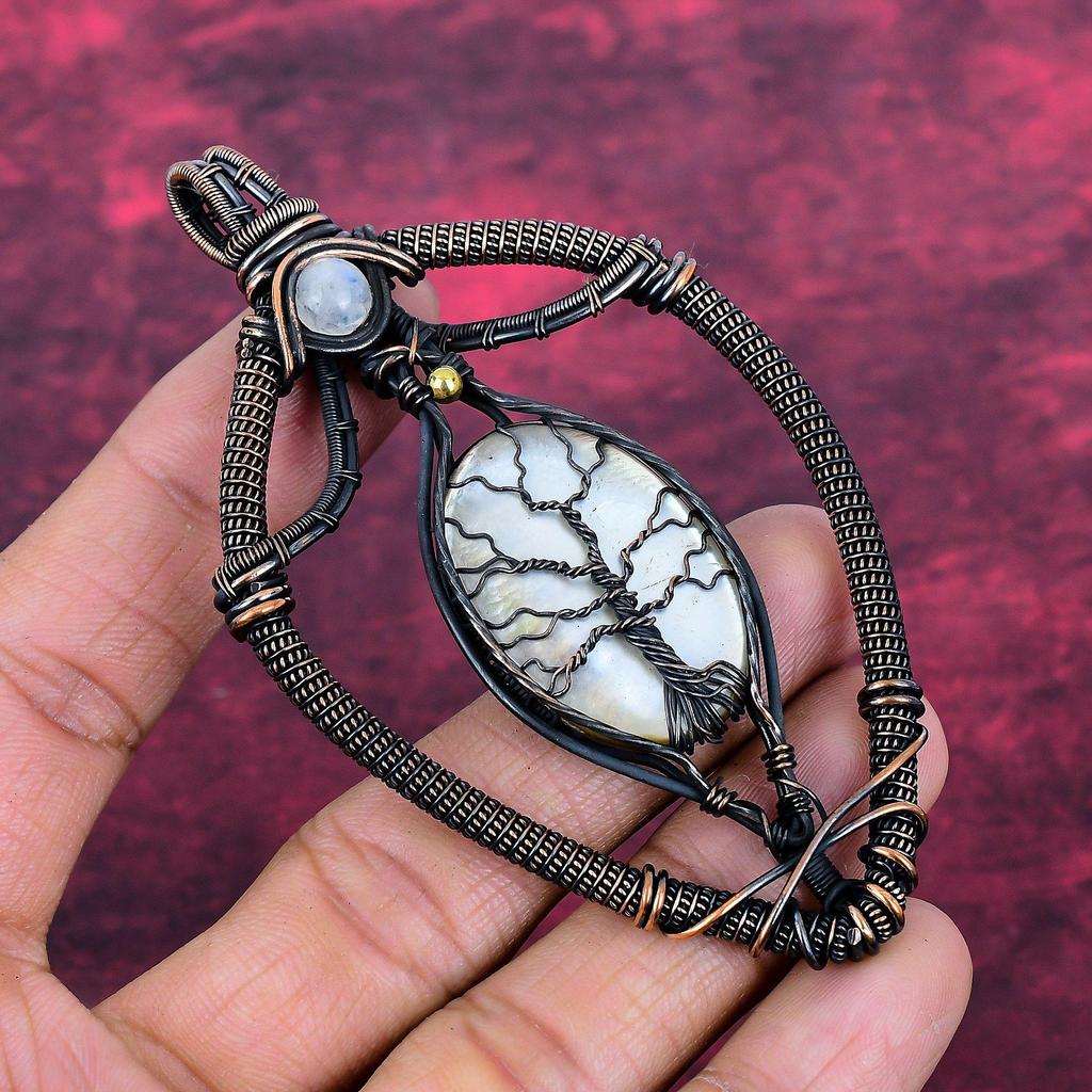 Tree Of Life Black Mother Of Pearl Pendant Copper Wire Wrapped Jewelry Rainbow Moonstone Pendant