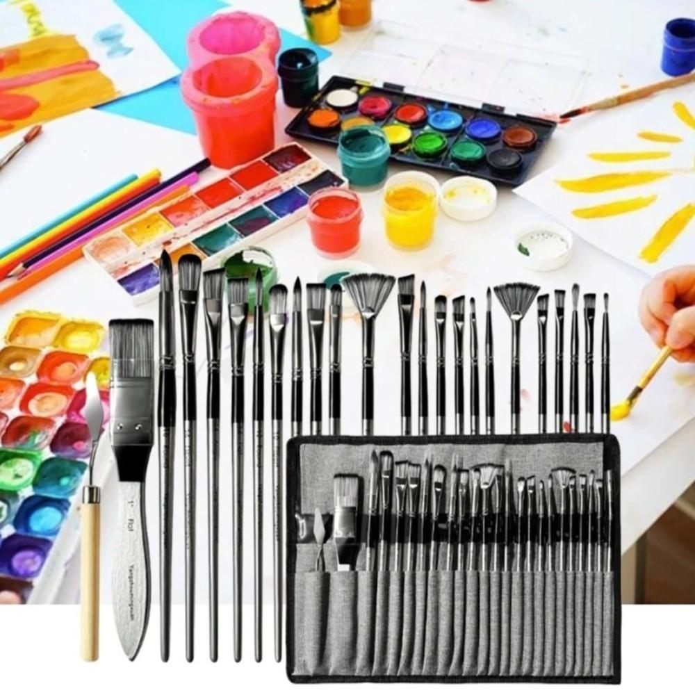 24pcs/set Wooden Handle Nylon Brush Set Nylon Hair Oil Painting Brushes  Canvas Painting