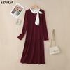 VONDA Autumn Women Long Sleeve Stitching Texture Rib Knitted Casual Bodycon Long Dress
