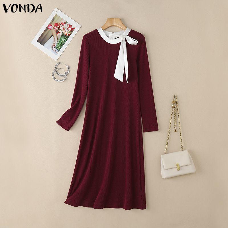 VONDA Autumn Women Long Sleeve Stitching Texture Rib Knitted Casual Bodycon Long Dress