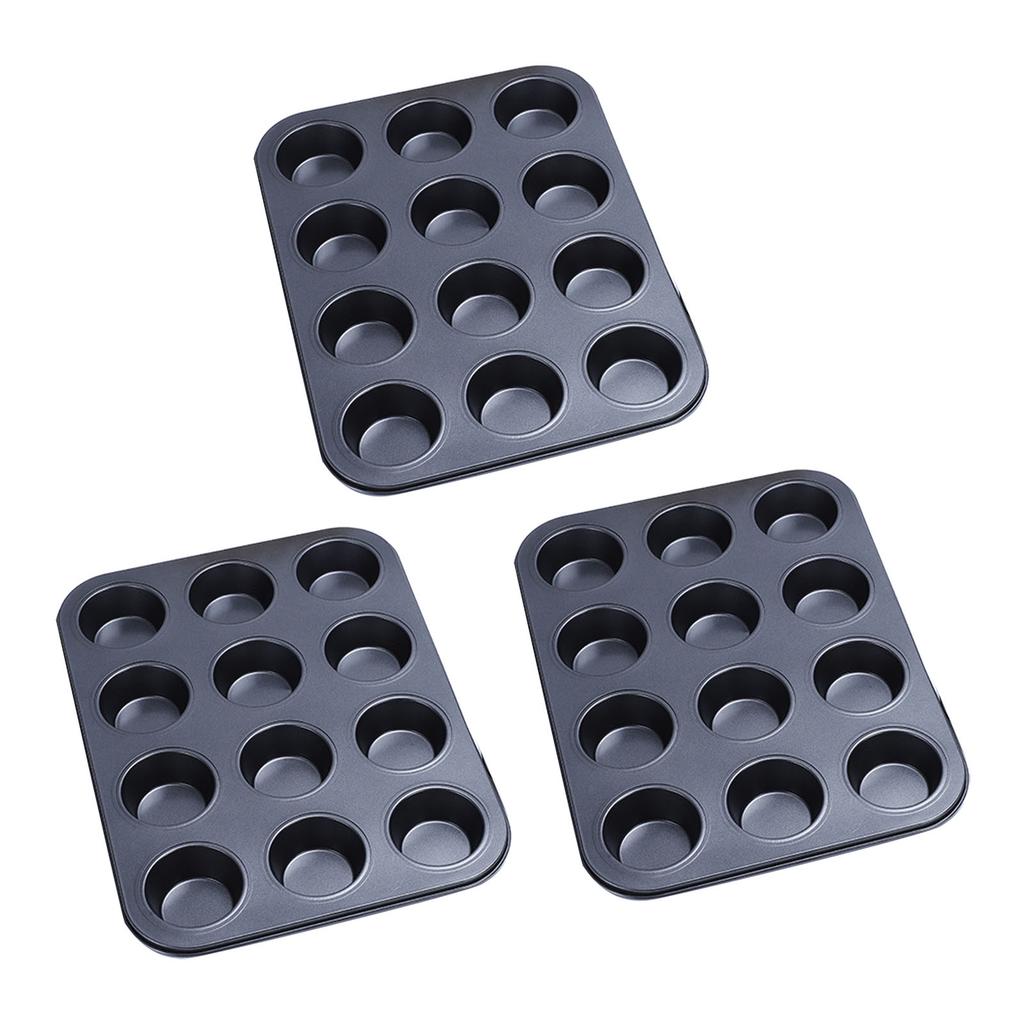 3Pcs 12 Holes Carbon Steel Baking Cake Mould 12 Cavity Nonstick Round Cupcake Mold Muffin Cupcake Egg Tart Tray Baking