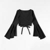 European/American Style Lace-Up Bell Sleeve V-Neck Crop Top: Slim, Retro, Solid Color