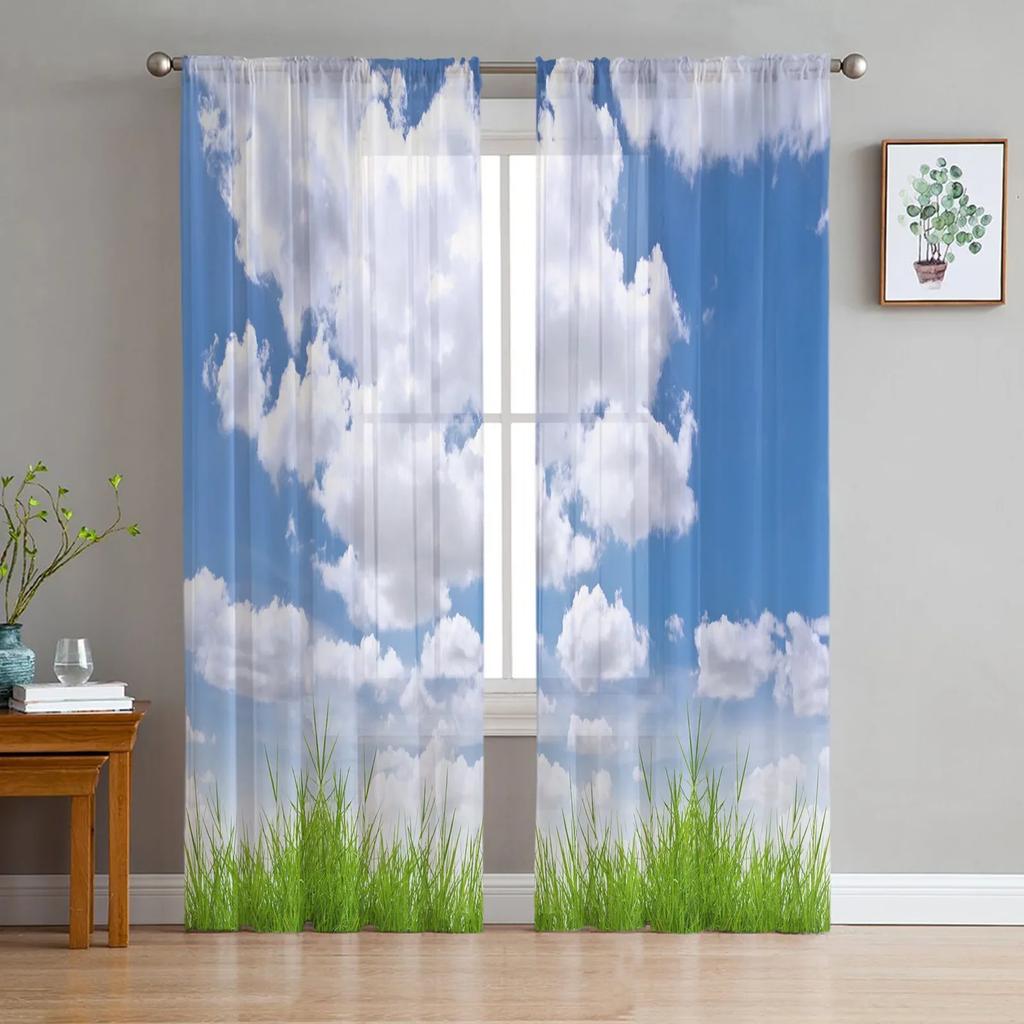 Blue Sky White Clouds Grassland Tulle Window Curtains Living Room Organza Sheer Voile Curtain Bedroom Kitchen Home Decor Drape