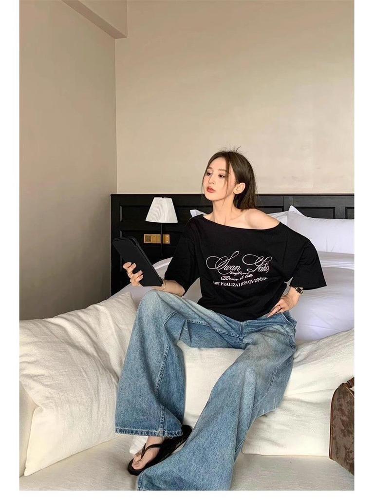Women's Retro American Letter Print Off-Shoulder T-Shirt – Short Sleeves, Casual Loose Fit, Summer Style