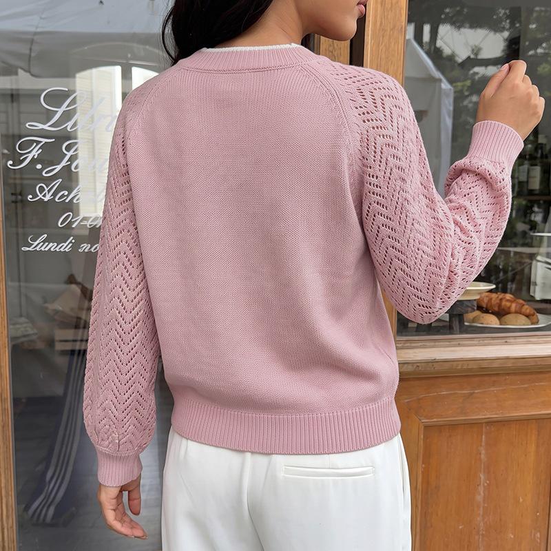 Autumn 2026 Pink Color Block V-neck Pullover: French Relaxed Fit, Hollow Design, Long Sleeve Sweater.