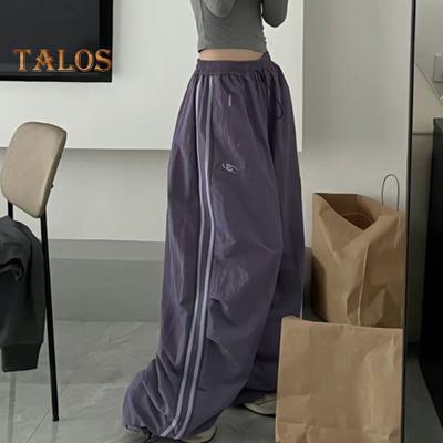 Damen Cargohose Elastische Taille Kordelzug Saum Freizeithose mit Taschen Seitenstreifen Weites Bein Sporthose Streetwear