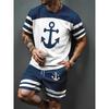 Nuovo Set da Uomo con Ancora Blu Marina T-Shirt Estiva da Esterno & Pantaloncini con Coulisse Set Due Pezzi Abbigliamento Sportivo Casual