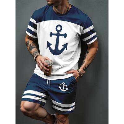 New Navy Anchor Men's Set Summer Outdoor T-Shirt & Drawstring Shorts Two-Piece Set Casual Sportswear