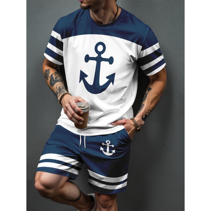 Nuovo Set da Uomo con Ancora Blu Marina T-Shirt Estiva da Esterno & Pantaloncini con Coulisse Set Due Pezzi Abbigliamento Sportivo Casual