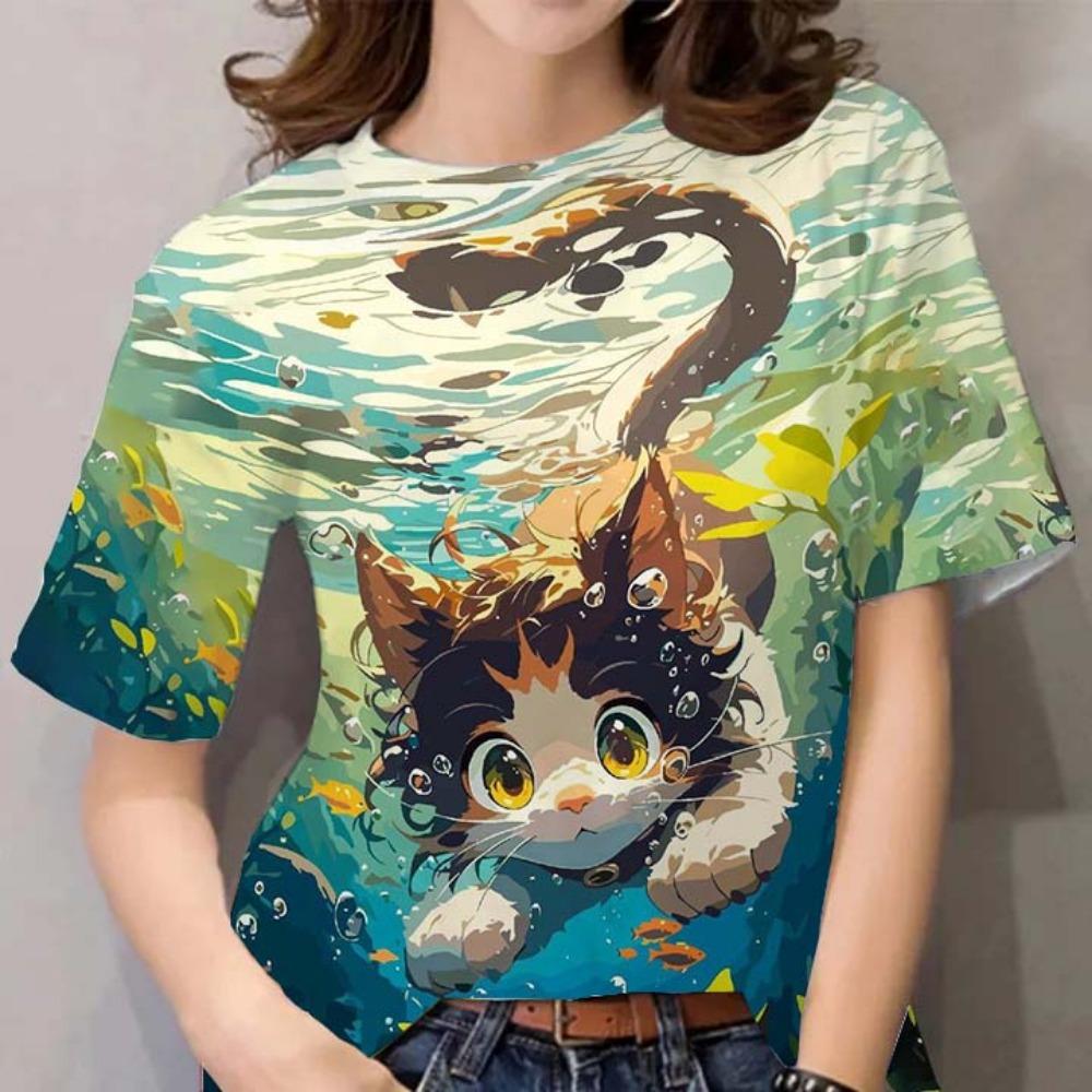 Women's Fun Cat and Dog Pattern T-shirt Summer T-shirt Short Sleeve Top T-shirt