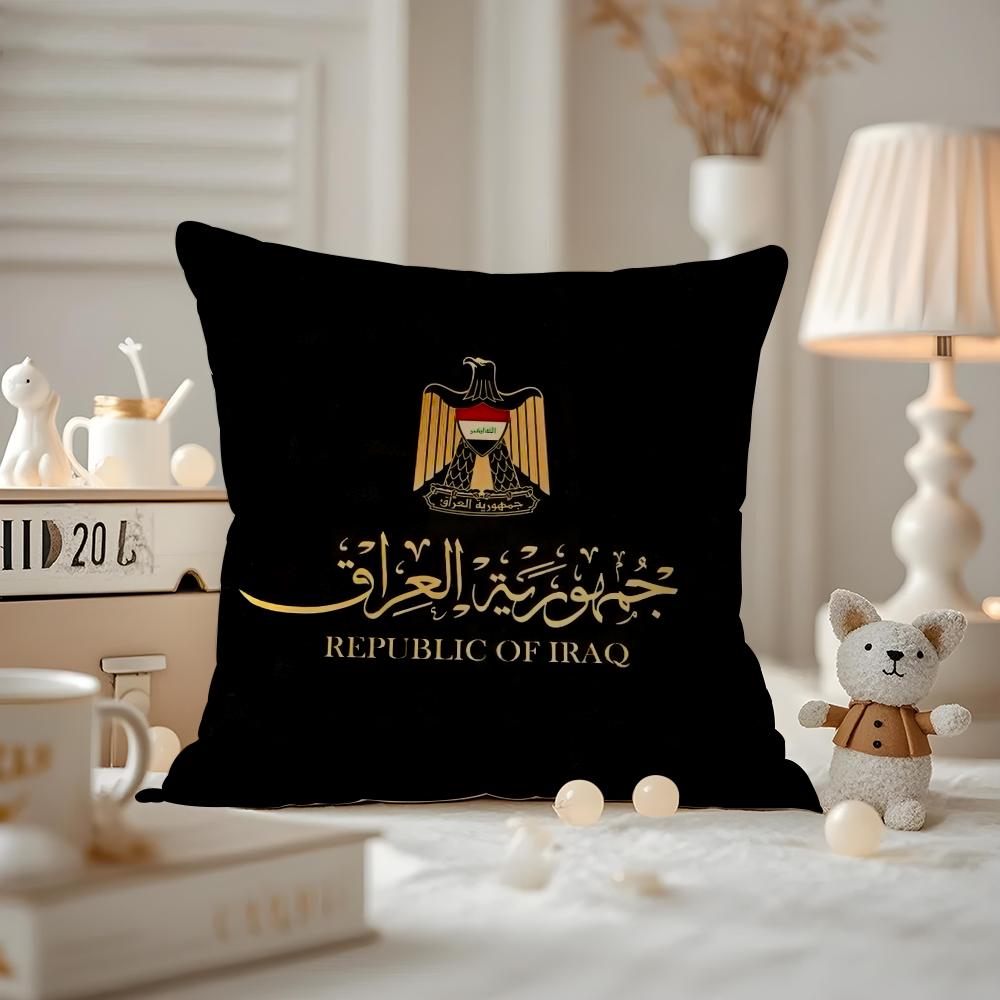 L-Iraqi Iraq National Flag Cushion Cover Anti-dustmite Pillowcase Invisible Zipper Silky Short Plush Sofa Cushion Cover
