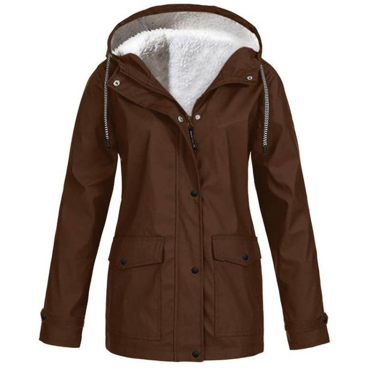 Warme Winddichte Damen Hardshell Jacke Herbst Winter Samt Kapuze Bergsteiger Mantel Einfarbig Mittellange Jacke