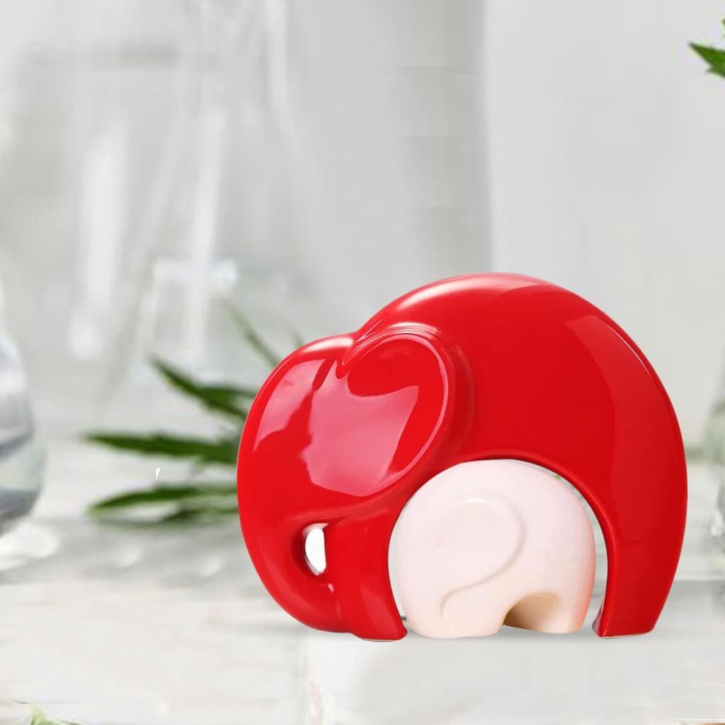 Home Décor Lucky Charm Elephant Mother and Kid Set | Piano Finish Ceramic Figures - (Set of 2 Piece, Red & White)