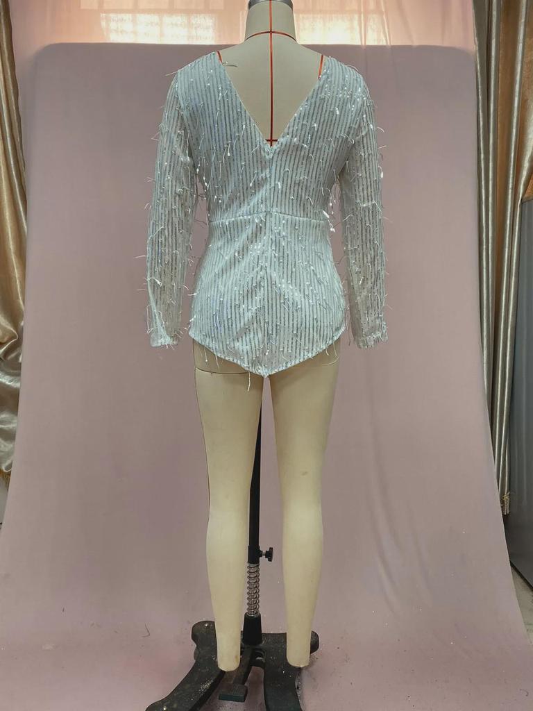 2025 Europäische & Amerikanische Damen Pailletten Quasten Tiefer V Minirock