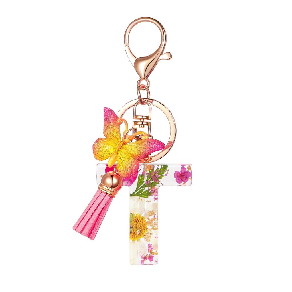 Flower Resin Keychain With Tassels And Butterfly Design 26 Letters Pendant Classic Retro Practical Durable Backpack Hanging Accessory